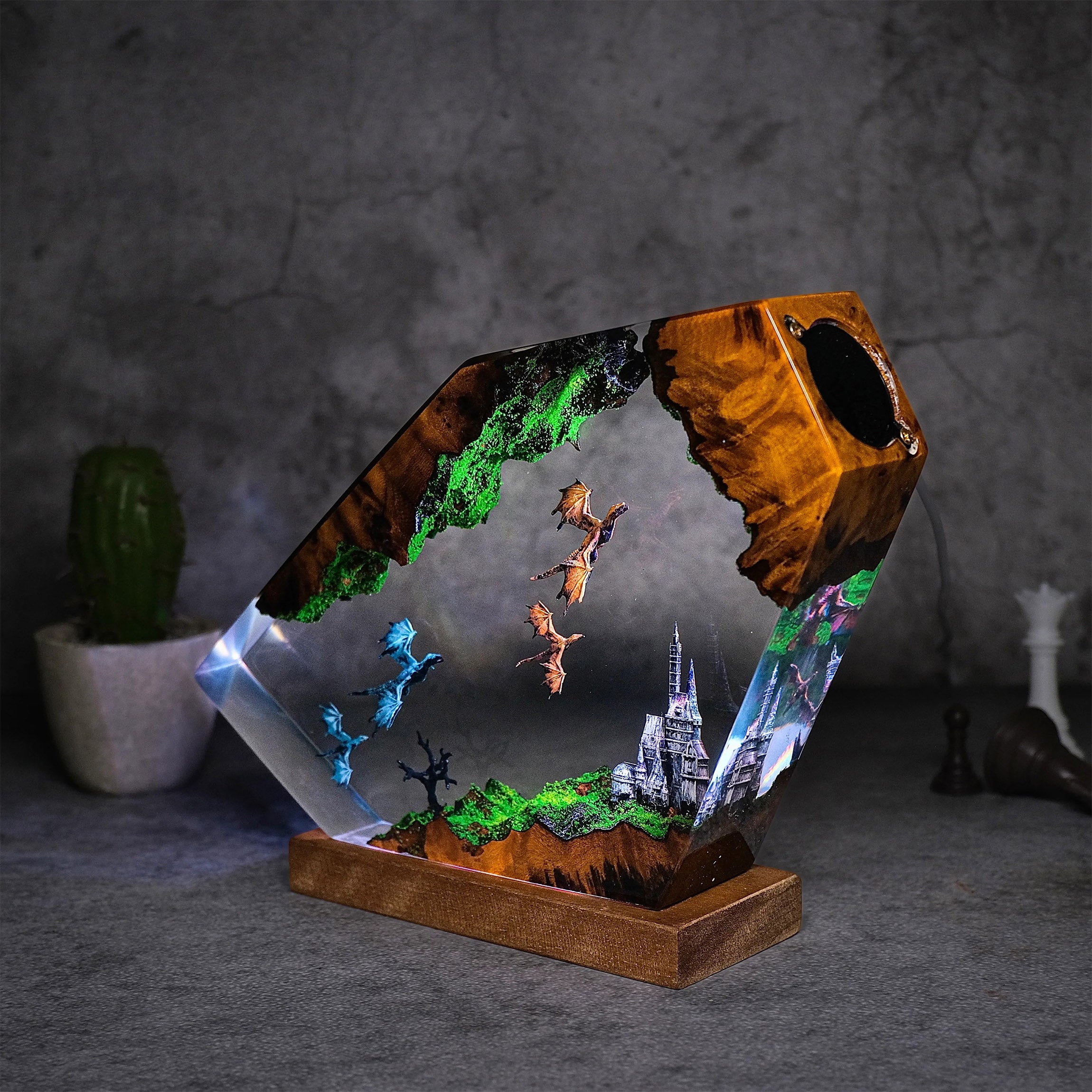 Dinosaur Fly Over Castle Resin Handmade Lamp