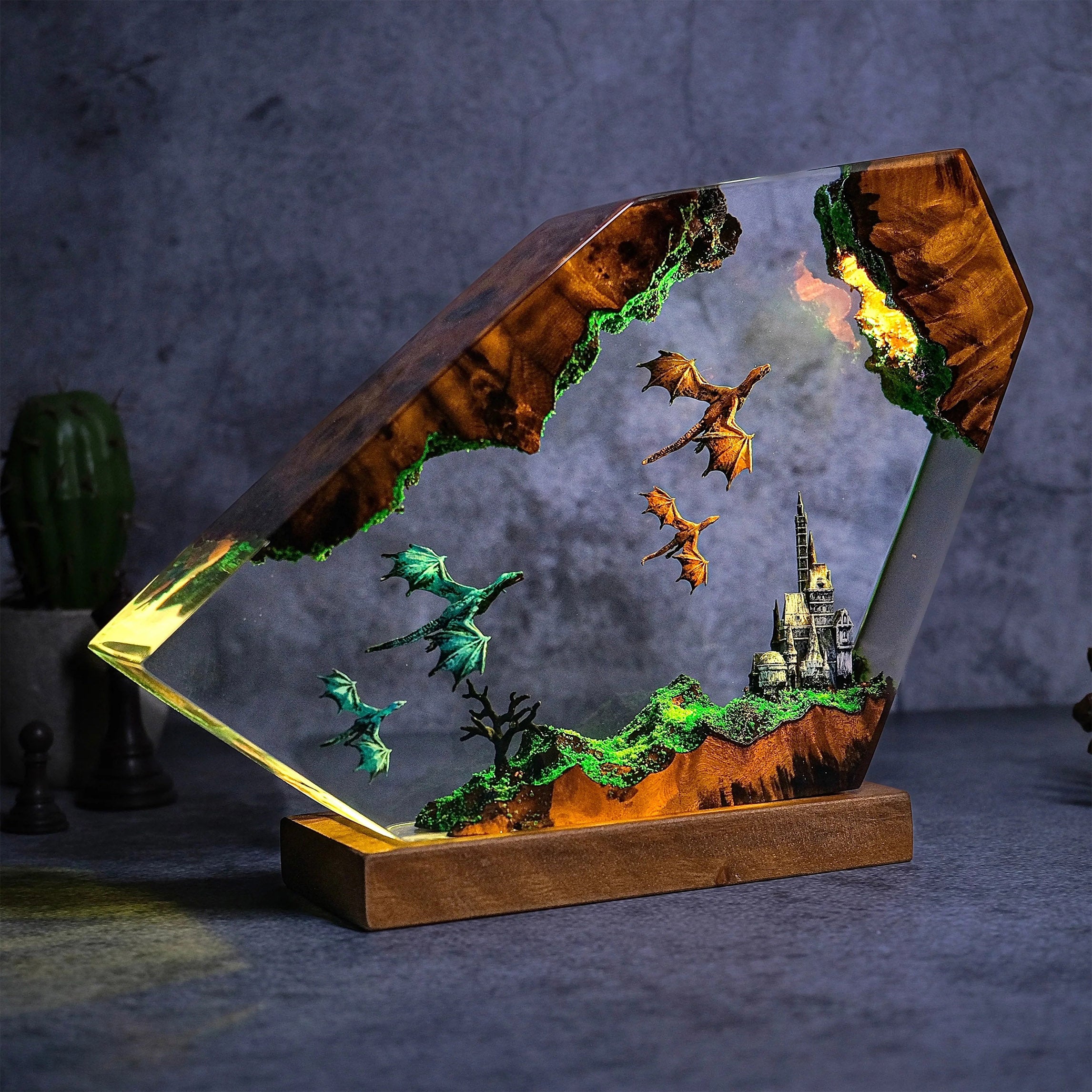 Dinosaur Fly Over Castle Resin Handmade Lamp